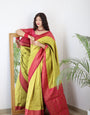 Lime With Pink Border Pure Kanjivaram Silk With Twirling Blouse Piece
