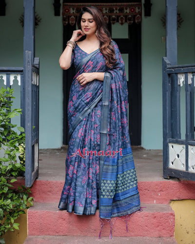 Navy Blue Pure Cotton Linen Saree with Floral Print, Blouse, and Tassel Detailing