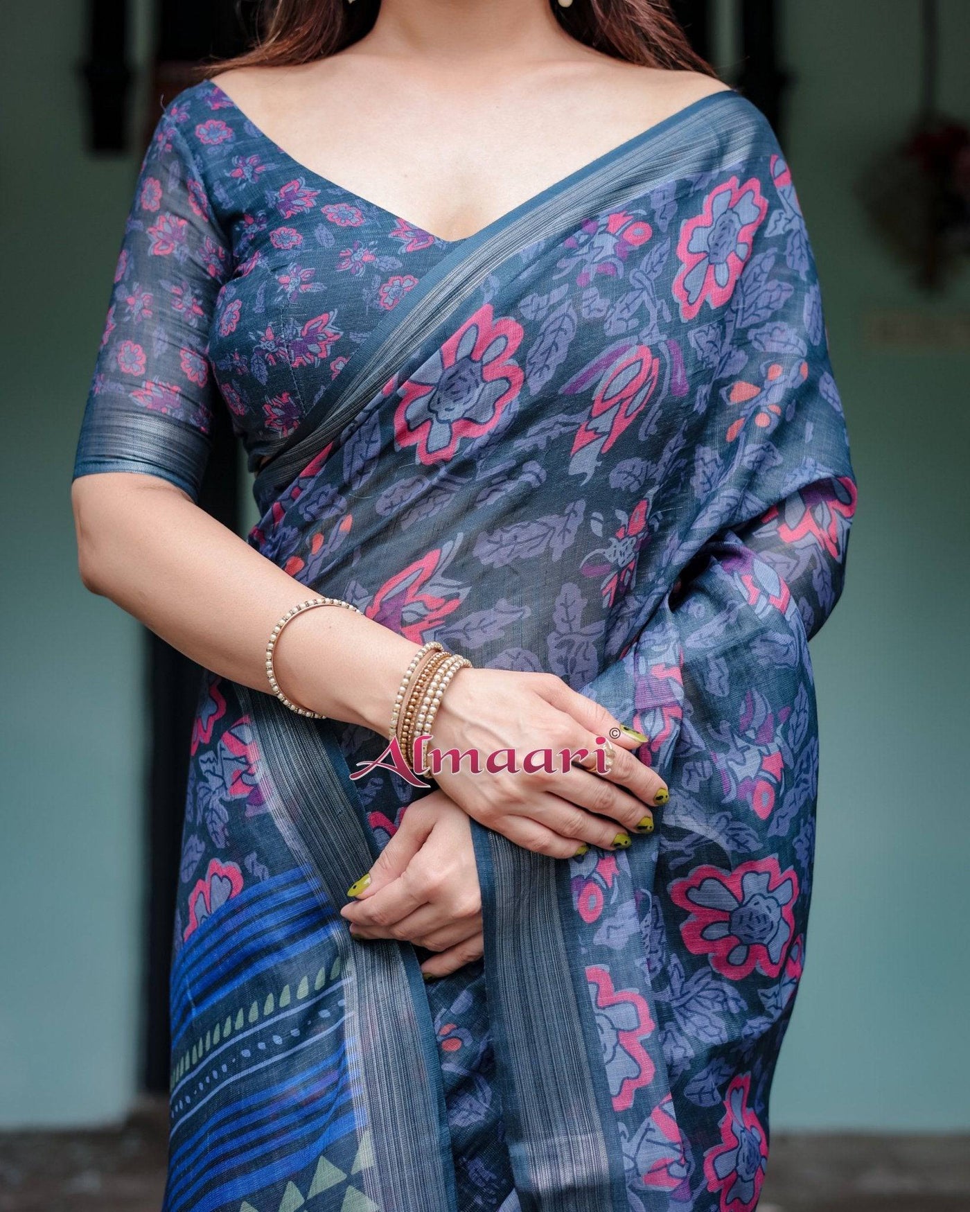 Navy Blue Pure Cotton Linen Saree with Floral Print, Blouse, and Tassel Detailing