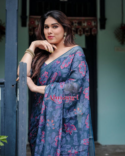 Navy Blue Pure Cotton Linen Saree with Floral Print, Blouse, and Tassel Detailing