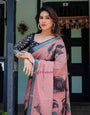 Blush Pink Pure Cotton Linen Saree with Contrast Polka Dot Blouse and Tassel Detailing