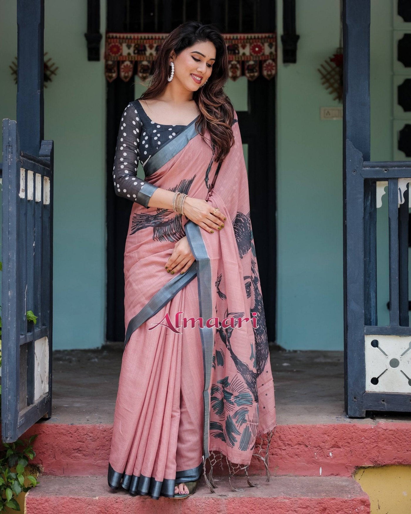 Blush Pink Pure Cotton Linen Saree with Contrast Polka Dot Blouse and Tassel Detailing