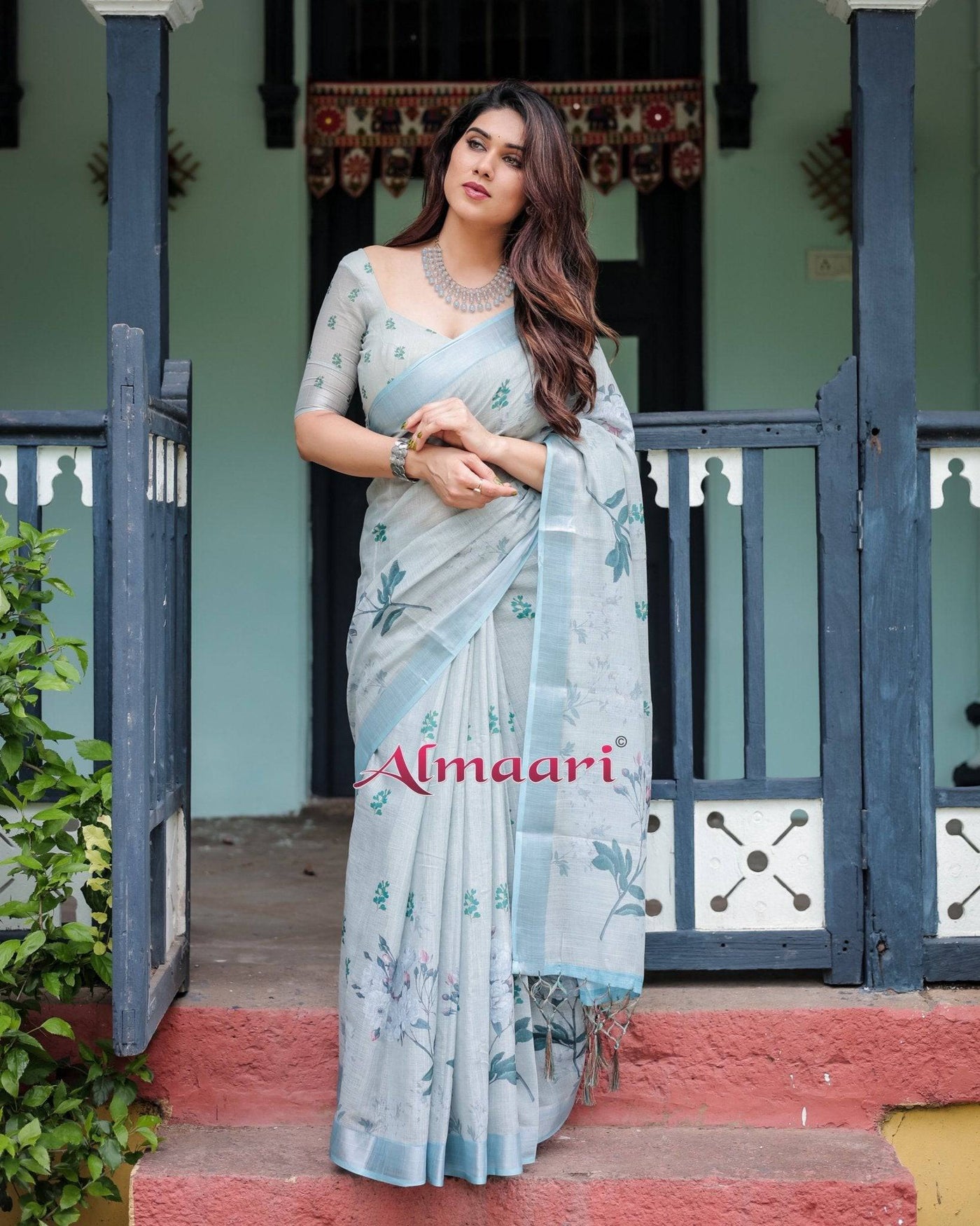 Pastel Grey Pure Cotton Linen Saree with Floral Print, Blouse, and Tassel Detailing