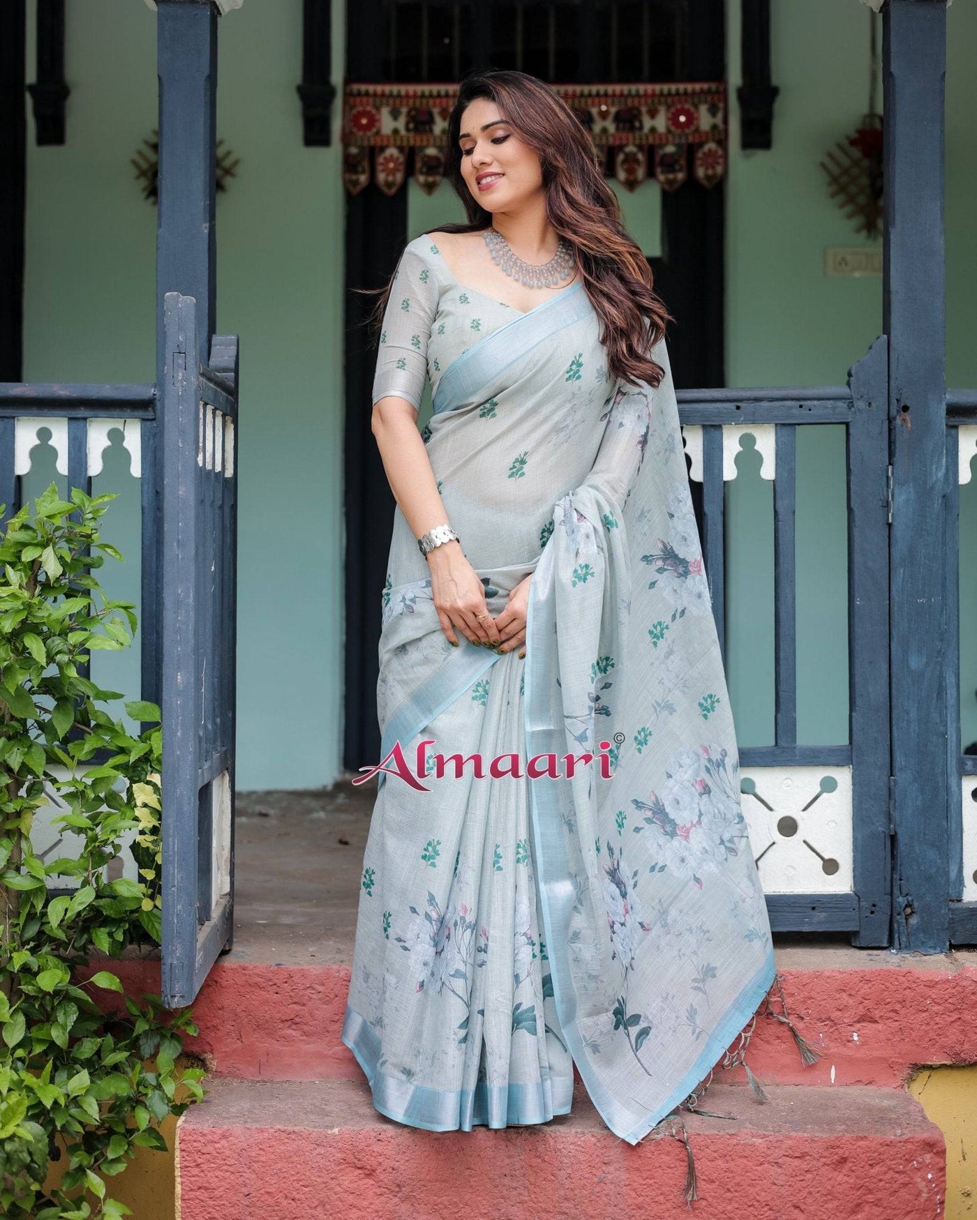 Pastel Grey Pure Cotton Linen Saree with Floral Print, Blouse, and Tassel Detailing