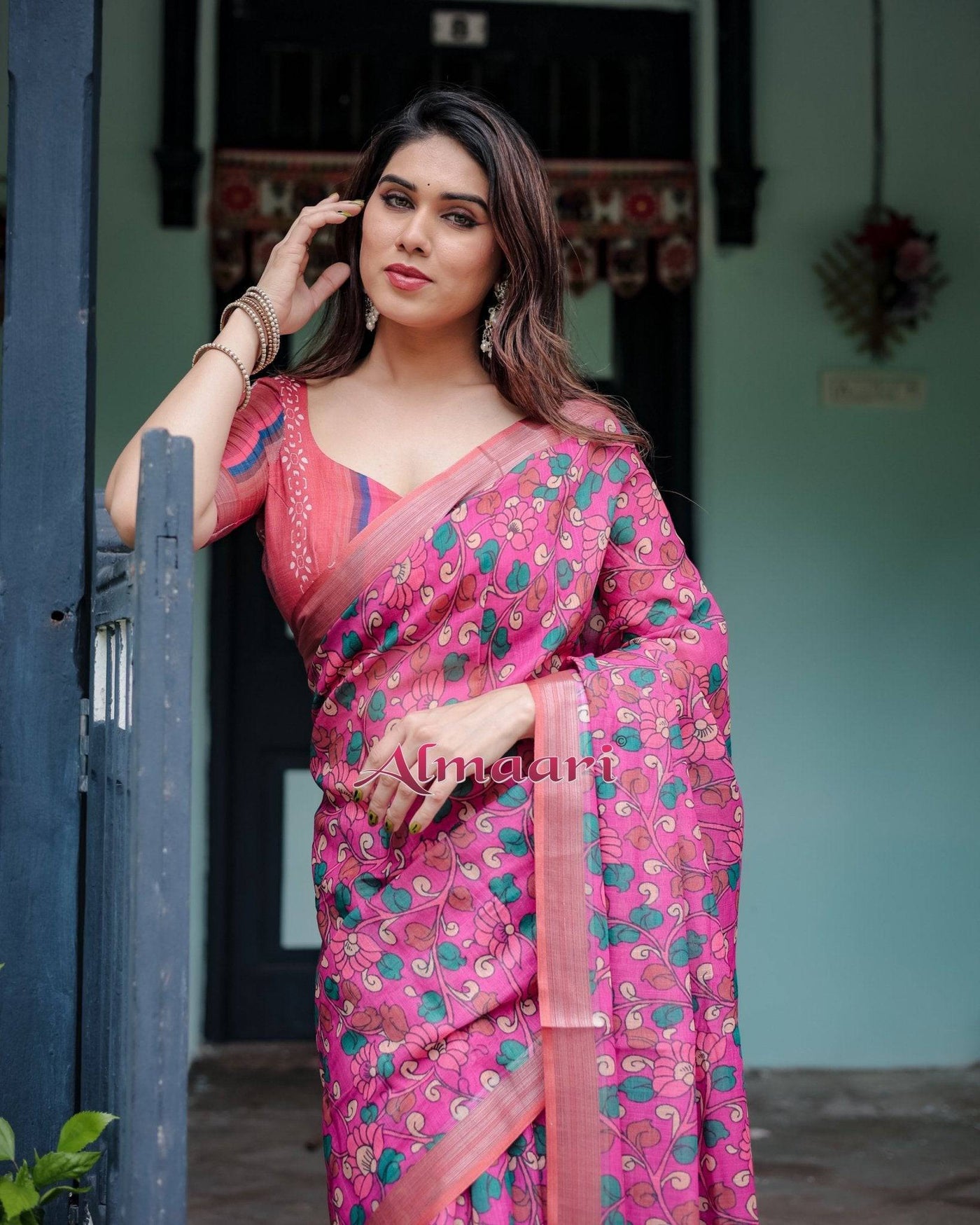 Magenta and Pink Pure Cotton Linen Saree with Floral and Paisley Block Print, Blouse, and Tassel Detailing