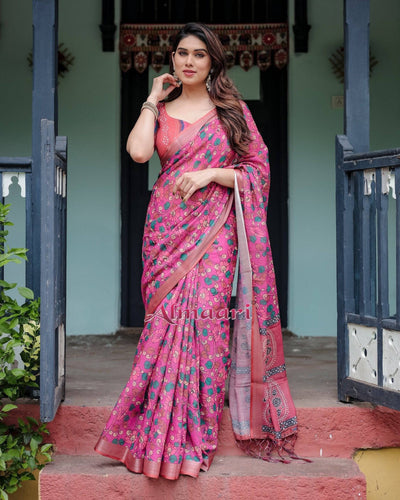 Magenta and Pink Pure Cotton Linen Saree with Floral and Paisley Block Print, Blouse, and Tassel Detailing