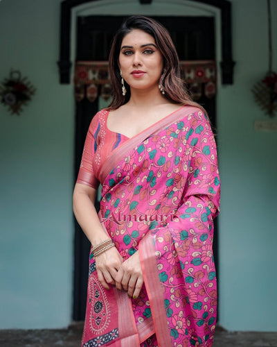 Magenta and Pink Pure Cotton Linen Saree with Floral and Paisley Block Print, Blouse, and Tassel Detailing