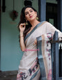 Ivory Pure Cotton Linen Saree with Elephant Motif and Tassel Detailing