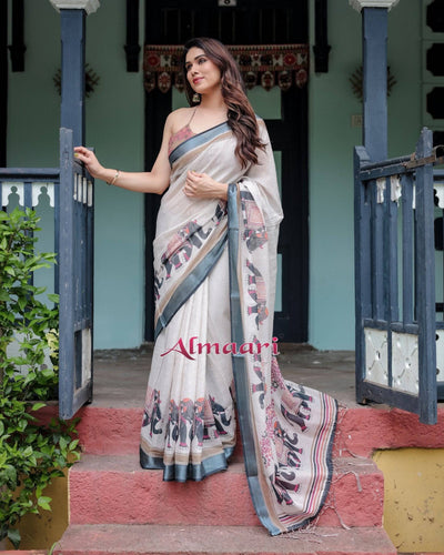 Ivory Pure Cotton Linen Saree with Elephant Motif and Tassel Detailing