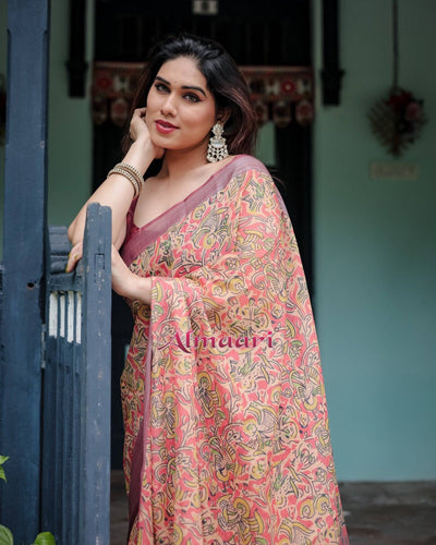 Beige and Rust Pure Cotton Linen Saree with Tribal Block Print, Blouse, and Tassel Detailing