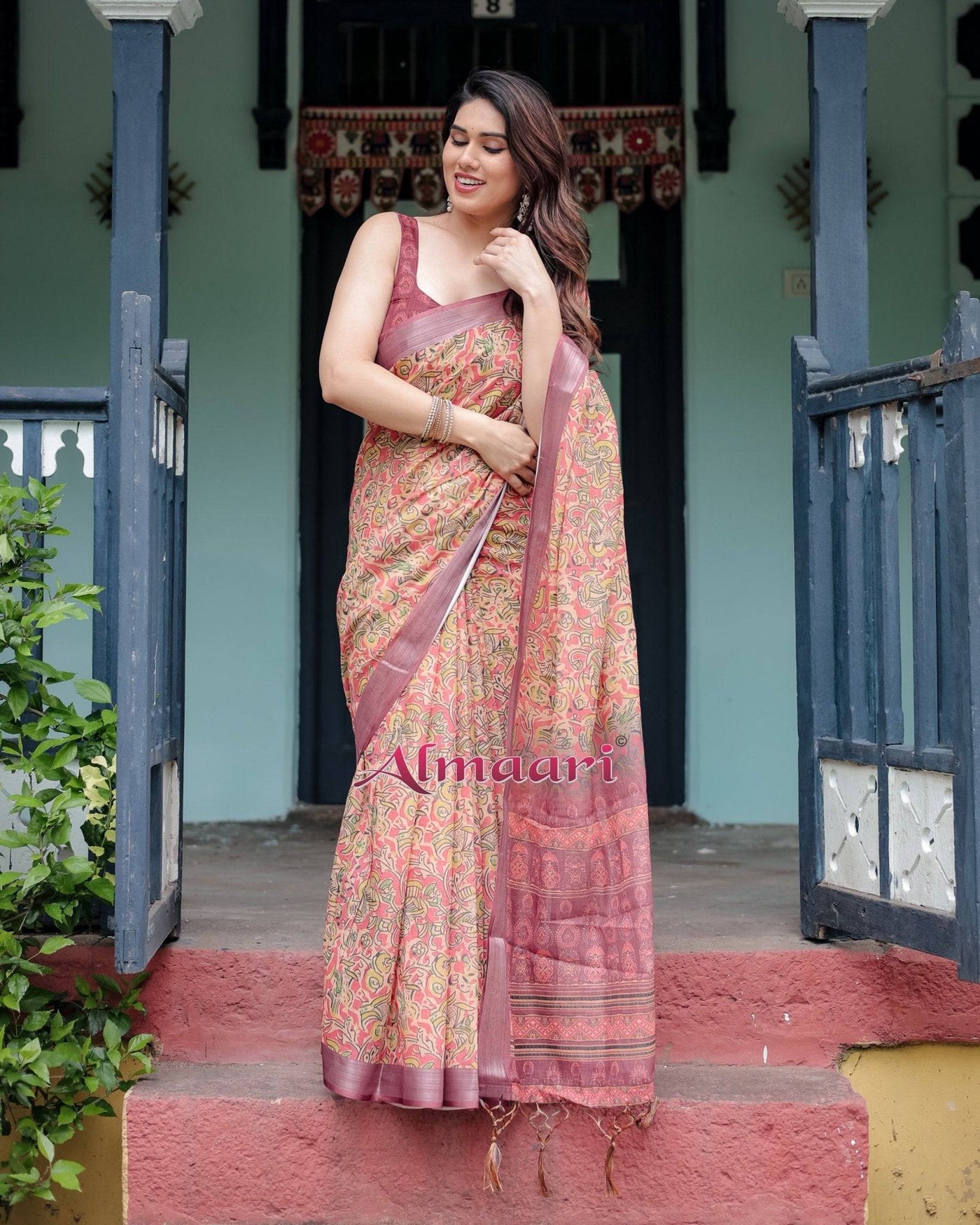 Beige and Rust Pure Cotton Linen Saree with Tribal Block Print, Blouse, and Tassel Detailing