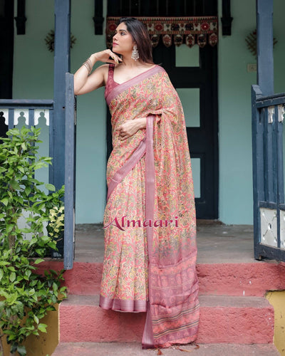 Beige and Rust Pure Cotton Linen Saree with Tribal Block Print, Blouse, and Tassel Detailing