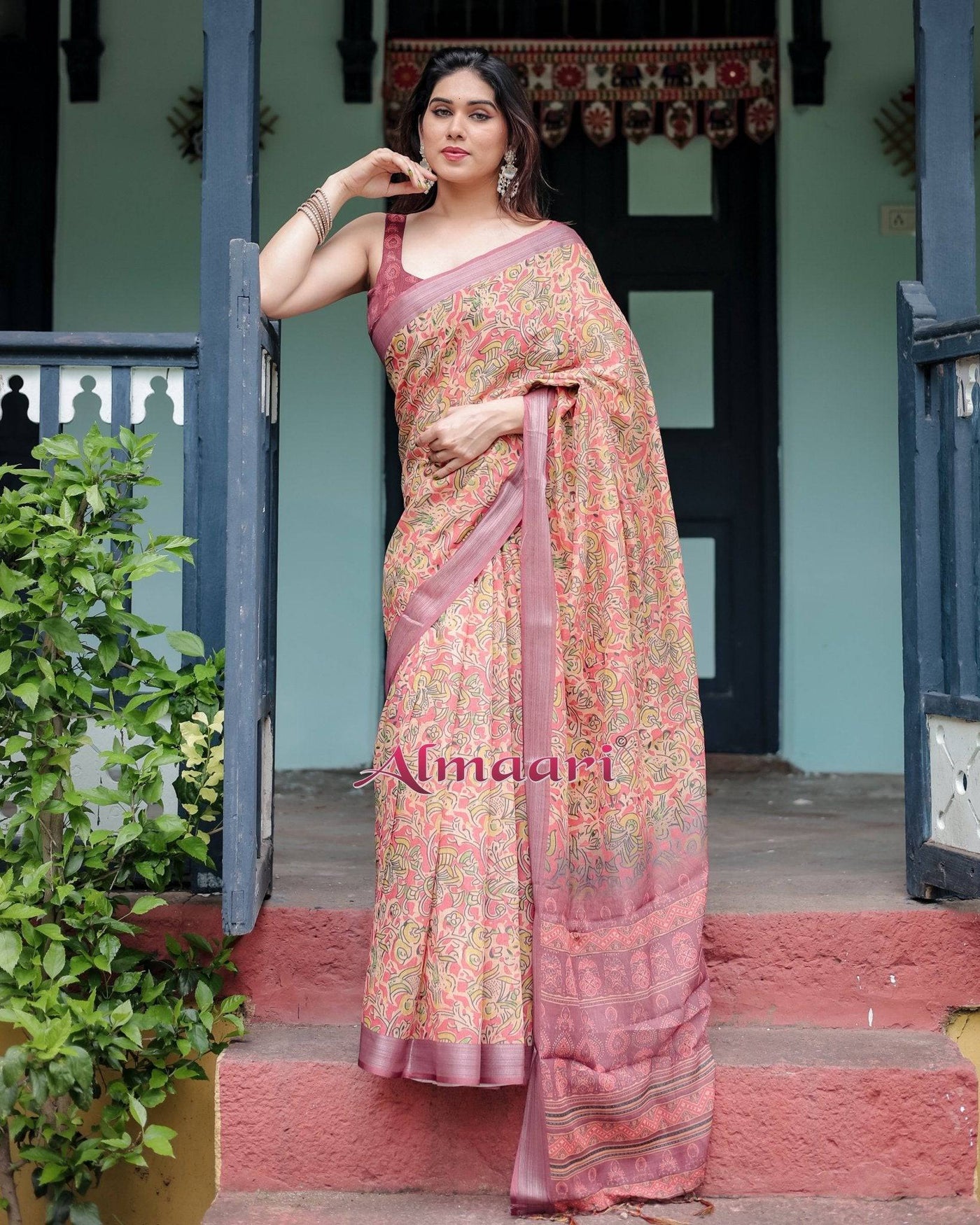 Beige and Rust Pure Cotton Linen Saree with Tribal Block Print, Blouse, and Tassel Detailing