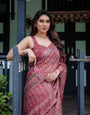 Rust Red Pure Cotton Linen Saree with Floral Block Print, Blouse, and Tassel Detailing