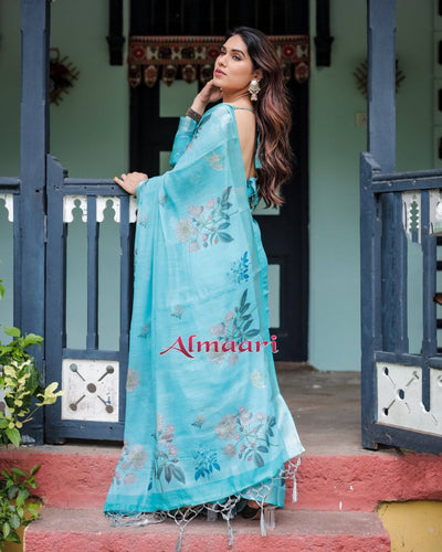 Aqua Blue Pure Cotton Linen Saree with Floral Design, Blouse, and Tassel Detailing