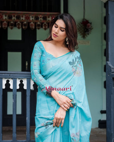 Aqua Blue Pure Cotton Linen Saree with Floral Design, Blouse, and Tassel Detailing