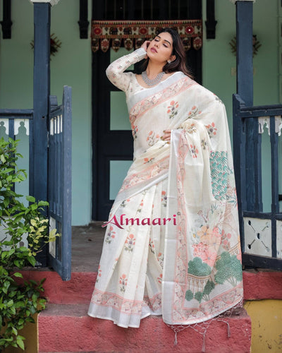 Ivory Pure Cotton Linen Saree with Pastel Floral Design, Blouse, and Tassel Detailing