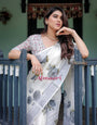 White and Grey Pure Cotton Linen Saree with Floral Print, Blouse, and Tassel Detailing