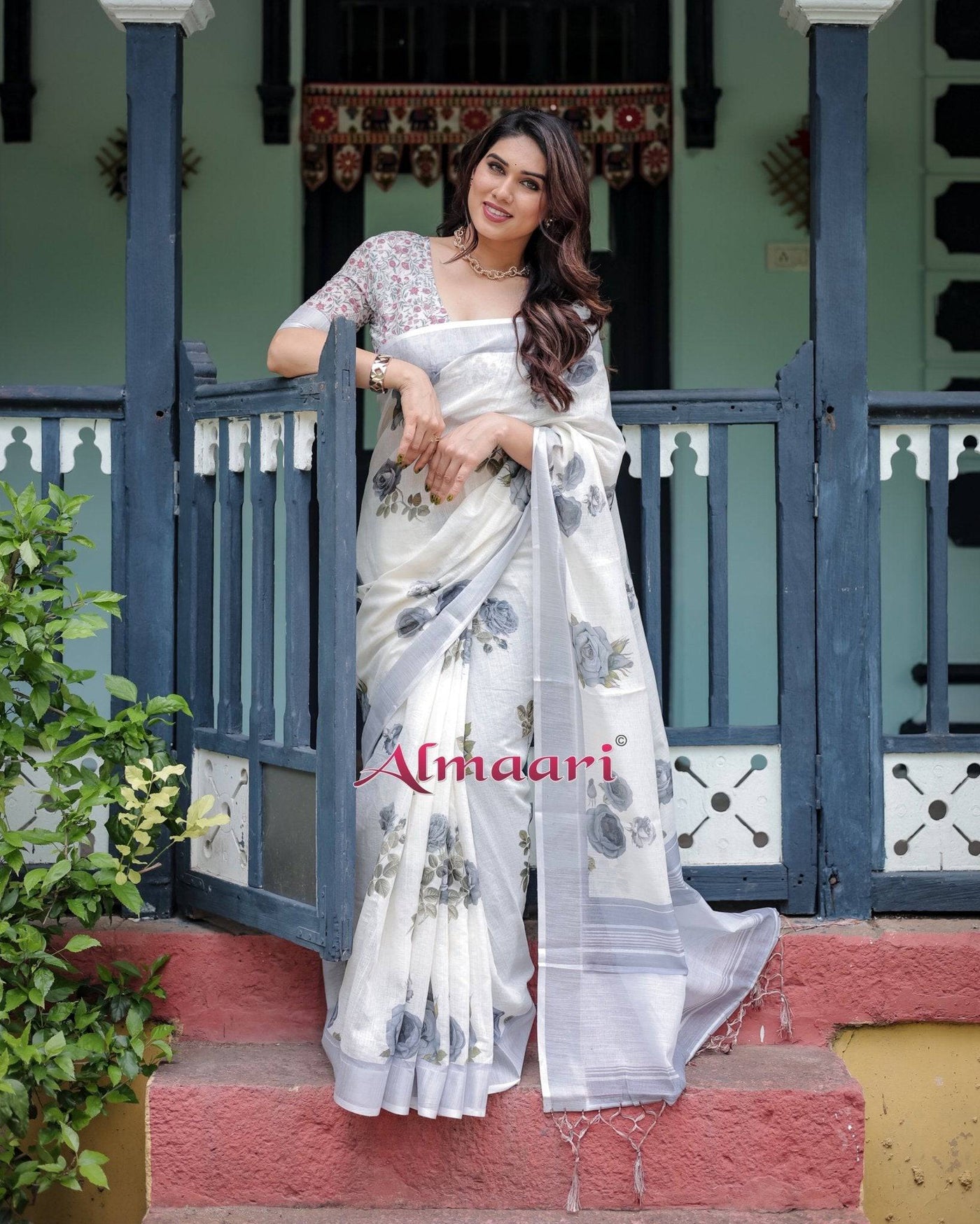 White and Grey Pure Cotton Linen Saree with Floral Print, Blouse, and Tassel Detailing