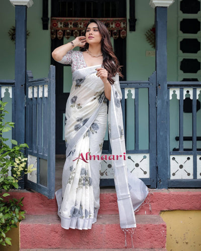 White and Grey Pure Cotton Linen Saree with Floral Print, Blouse, and Tassel Detailing