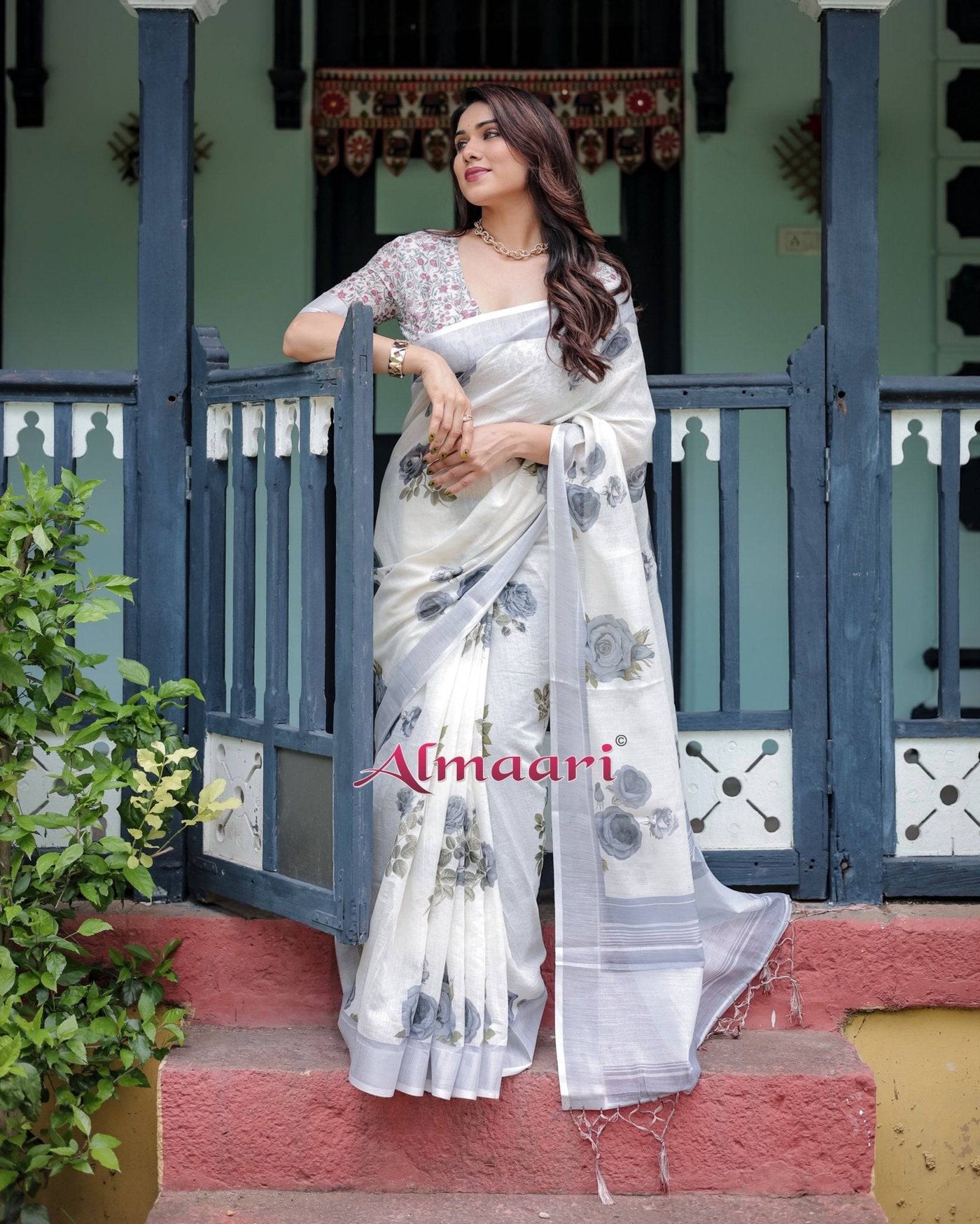 White and Grey Pure Cotton Linen Saree with Floral Print, Blouse, and Tassel Detailing