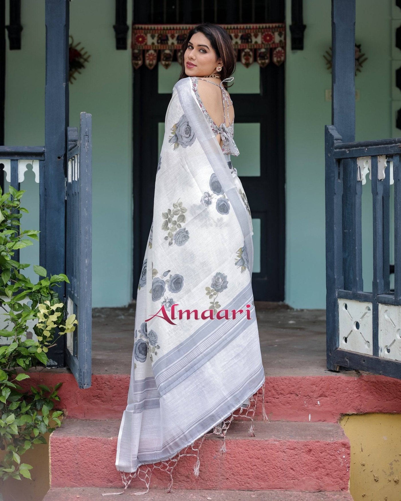 White and Grey Pure Cotton Linen Saree with Floral Print, Blouse, and Tassel Detailing