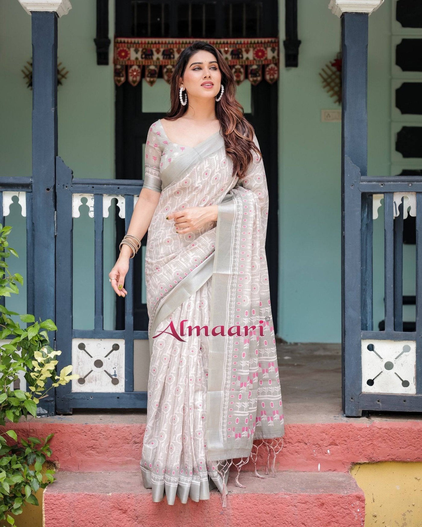 Soft Grey Pure Cotton Linen Saree with Pink and White Ikat Design, Blouse, and Tassel Detailing