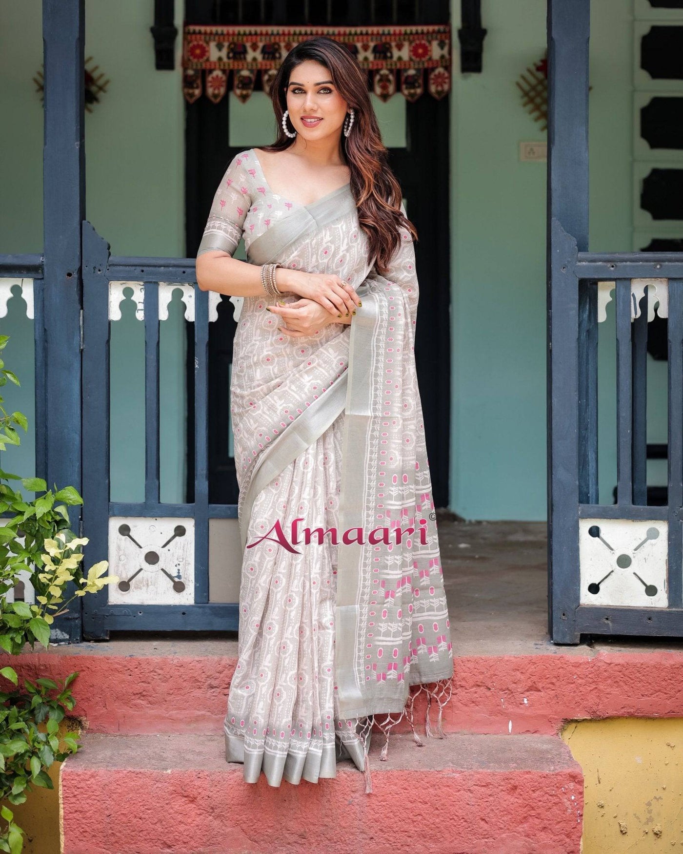 Soft Grey Pure Cotton Linen Saree with Pink and White Ikat Design, Blouse, and Tassel Detailing