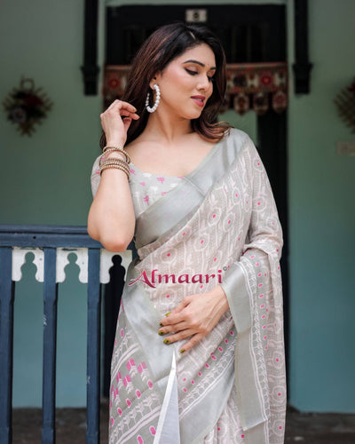 Soft Grey Pure Cotton Linen Saree with Pink and White Ikat Design, Blouse, and Tassel Detailing