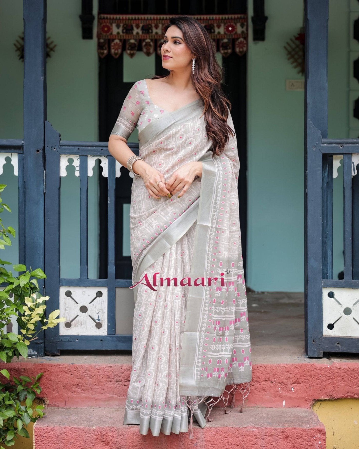 Soft Grey Pure Cotton Linen Saree with Pink and White Ikat Design, Blouse, and Tassel Detailing