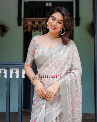 Soft Grey Pure Cotton Linen Saree with Pink and White Ikat Design, Blouse, and Tassel Detailing