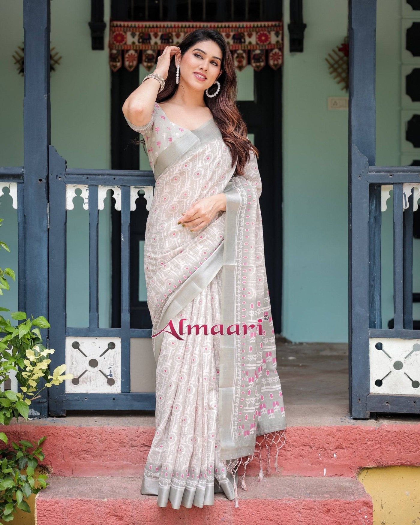 Soft Grey Pure Cotton Linen Saree with Pink and White Ikat Design, Blouse, and Tassel Detailing