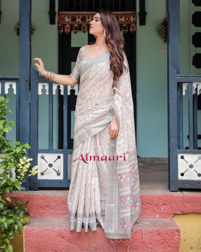 Soft Grey Pure Cotton Linen Saree with Pink and White Ikat Design, Blouse, and Tassel Detailing