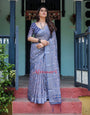 Steel Blue Pure Cotton Linen Saree with Floral and Geometric Block Print, Blouse, and Tassel Detailing