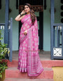 Magenta Pure Cotton Linen Saree with White Floral Block Print, Blouse, and Tassel Detailing