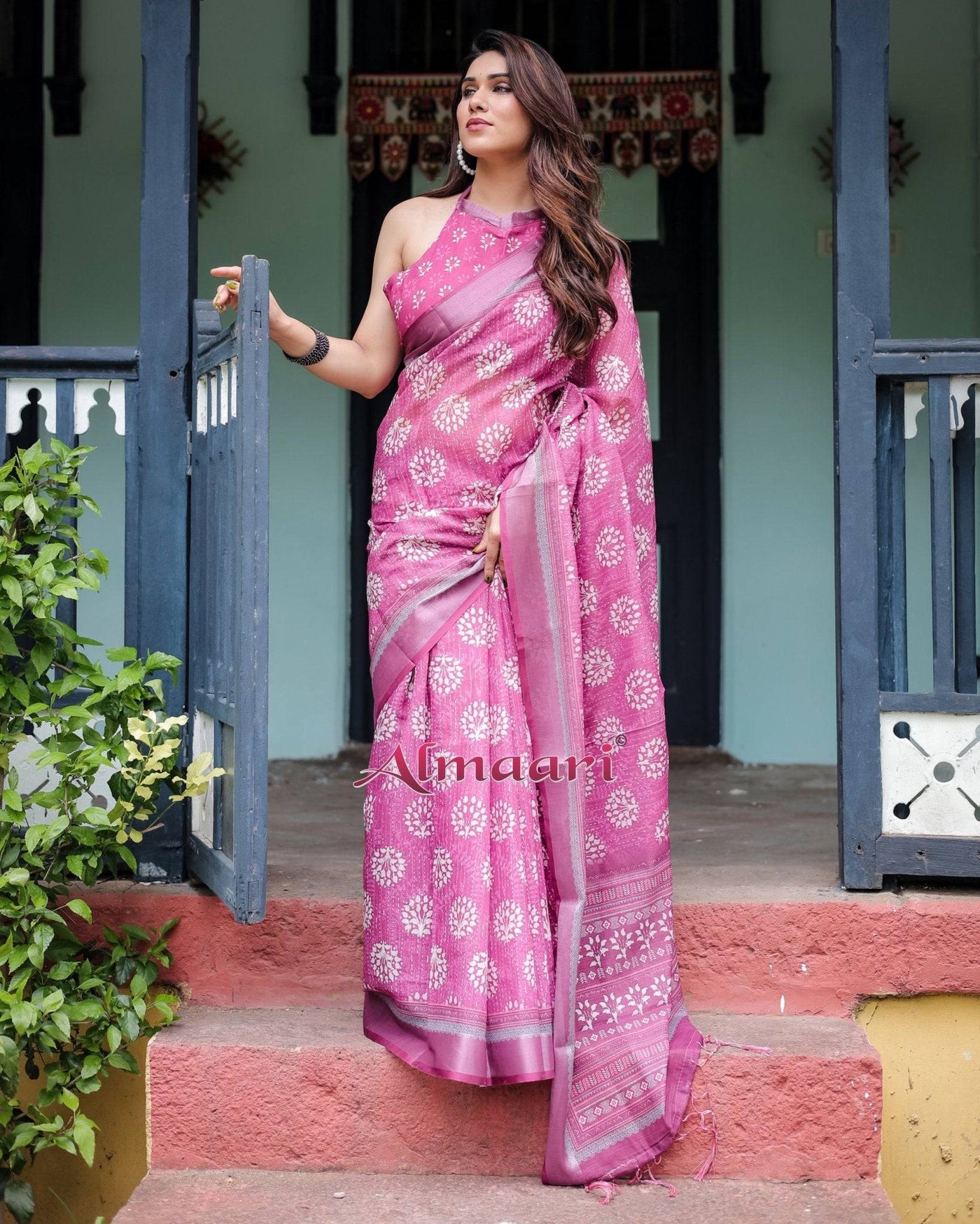 Magenta Pure Cotton Linen Saree with White Floral Block Print, Blouse, and Tassel Detailing