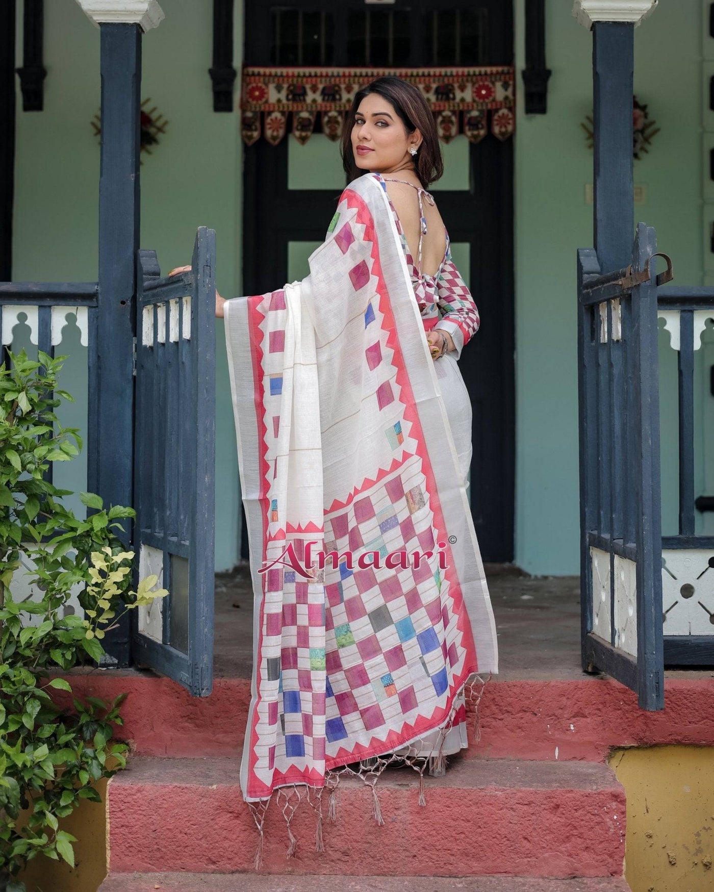 White Pure Cotton Linen Saree with Multicolor Checkered Design, Blouse, and Tassel Detailing