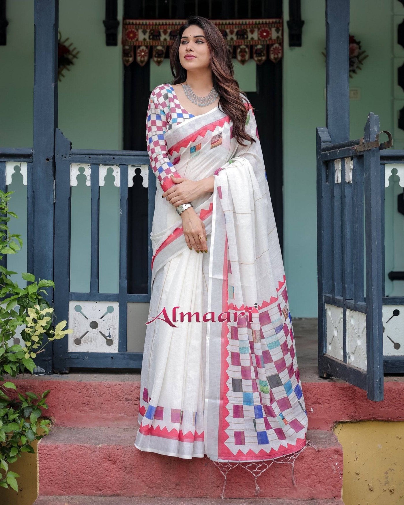 White Pure Cotton Linen Saree with Multicolor Checkered Design, Blouse, and Tassel Detailing