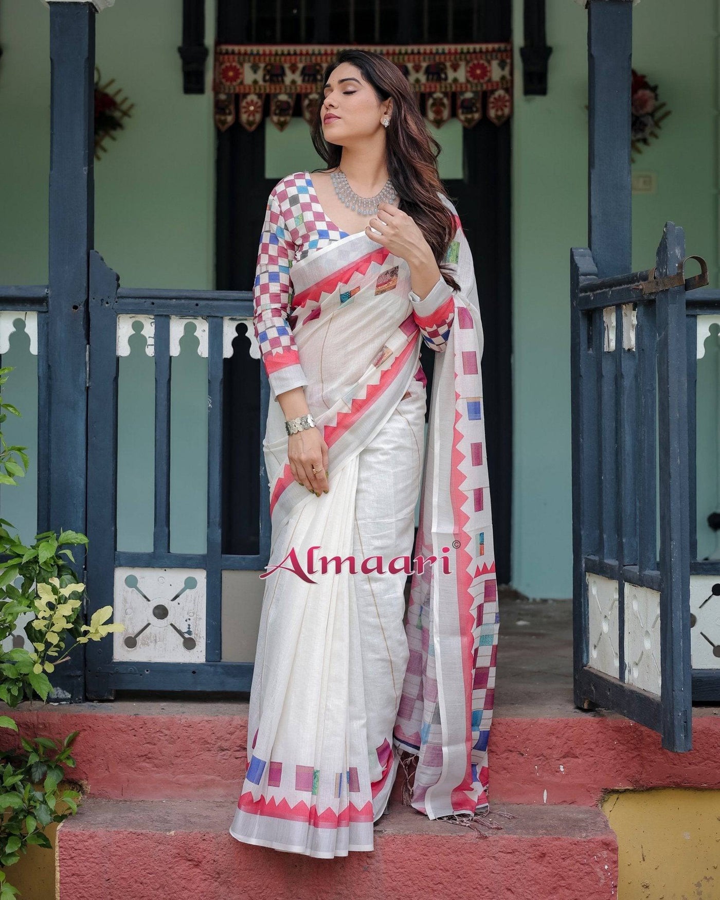 White Pure Cotton Linen Saree with Multicolor Checkered Design, Blouse, and Tassel Detailing