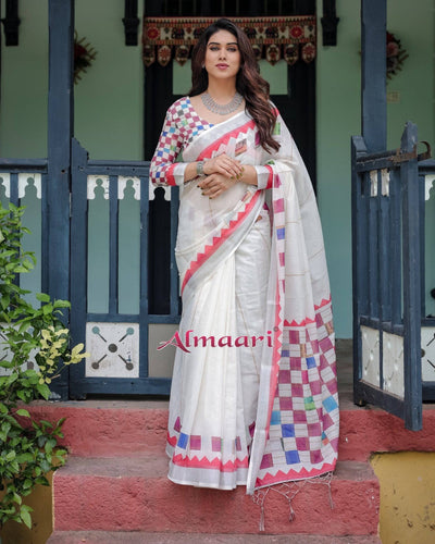 White Pure Cotton Linen Saree with Multicolor Checkered Design, Blouse, and Tassel Detailing