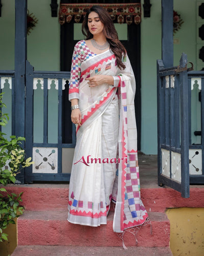 White Pure Cotton Linen Saree with Multicolor Checkered Design, Blouse, and Tassel Detailing