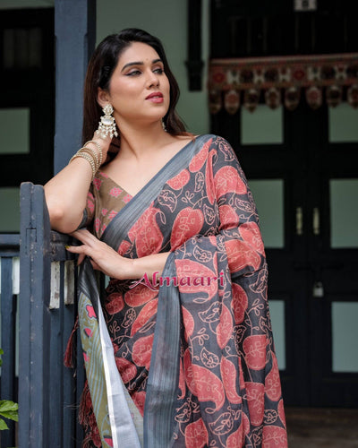 Charcoal Black Pure Cotton Linen Saree with Leafy Paisley Print, Blouse, and Tassel Detailing