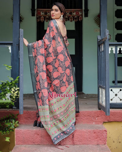 Charcoal Black Pure Cotton Linen Saree with Leafy Paisley Print, Blouse, and Tassel Detailing