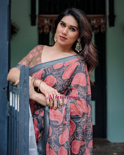 Charcoal Black Pure Cotton Linen Saree with Leafy Paisley Print, Blouse, and Tassel Detailing