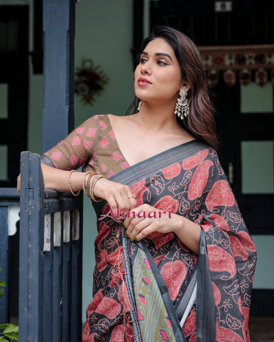 Charcoal Black Pure Cotton Linen Saree with Leafy Paisley Print, Blouse, and Tassel Detailing