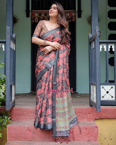 Charcoal Black Pure Cotton Linen Saree with Leafy Paisley Print, Blouse, and Tassel Detailing