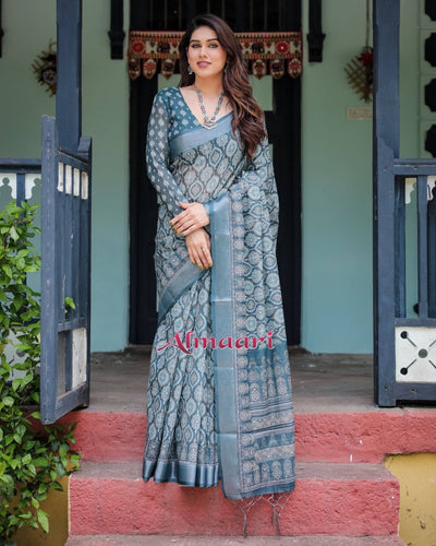 Teal Blue Pure Cotton Linen Saree with Geometric Block Print, Blouse, and Tassel Detailing