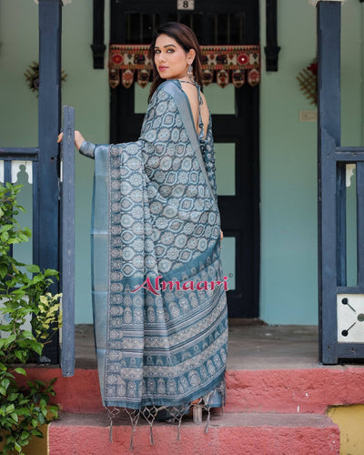 Teal Blue Pure Cotton Linen Saree with Geometric Block Print, Blouse, and Tassel Detailing