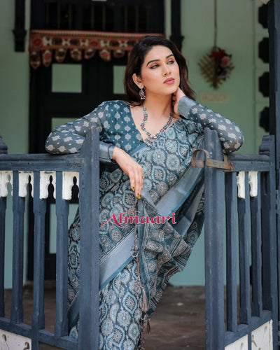 Teal Blue Pure Cotton Linen Saree with Geometric Block Print, Blouse, and Tassel Detailing