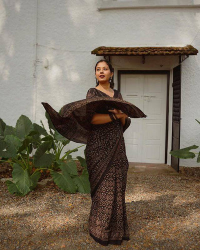 Black Pure Cotton  Linen Saree Weaved With  Zari Comes With Tassels